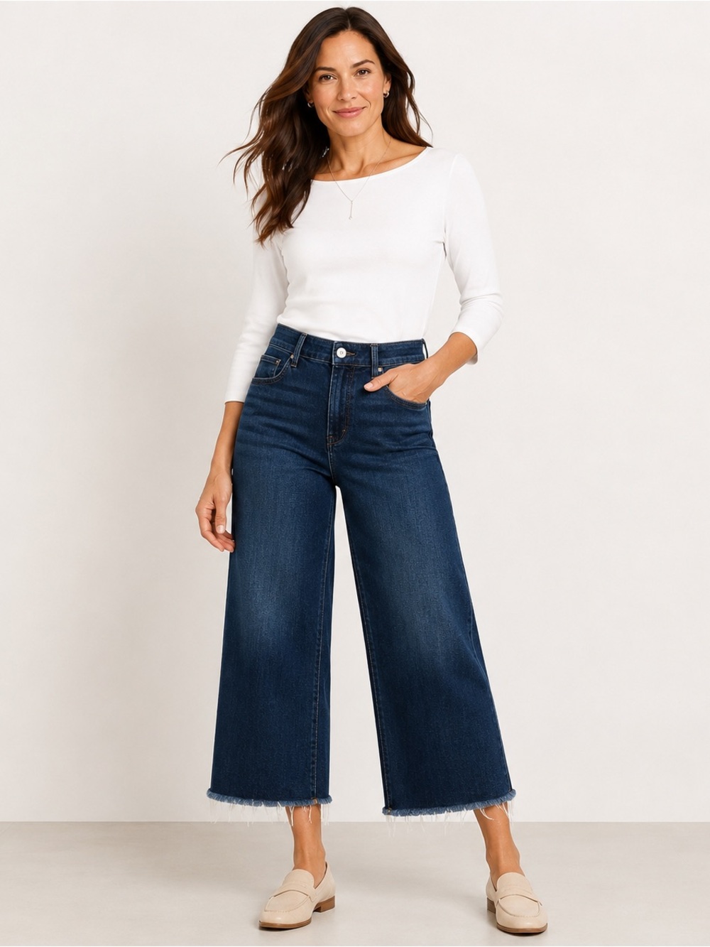 J. Jill Indigo Wide-Leg Cropped Jeans with Raw Hem 6 Petite